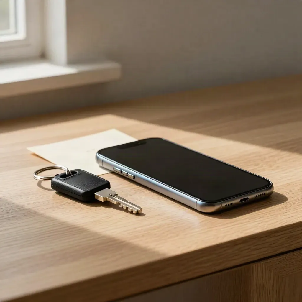 Nyckelbricka, svart smartphone och metallbricka på ljus ek för tidsbokning.